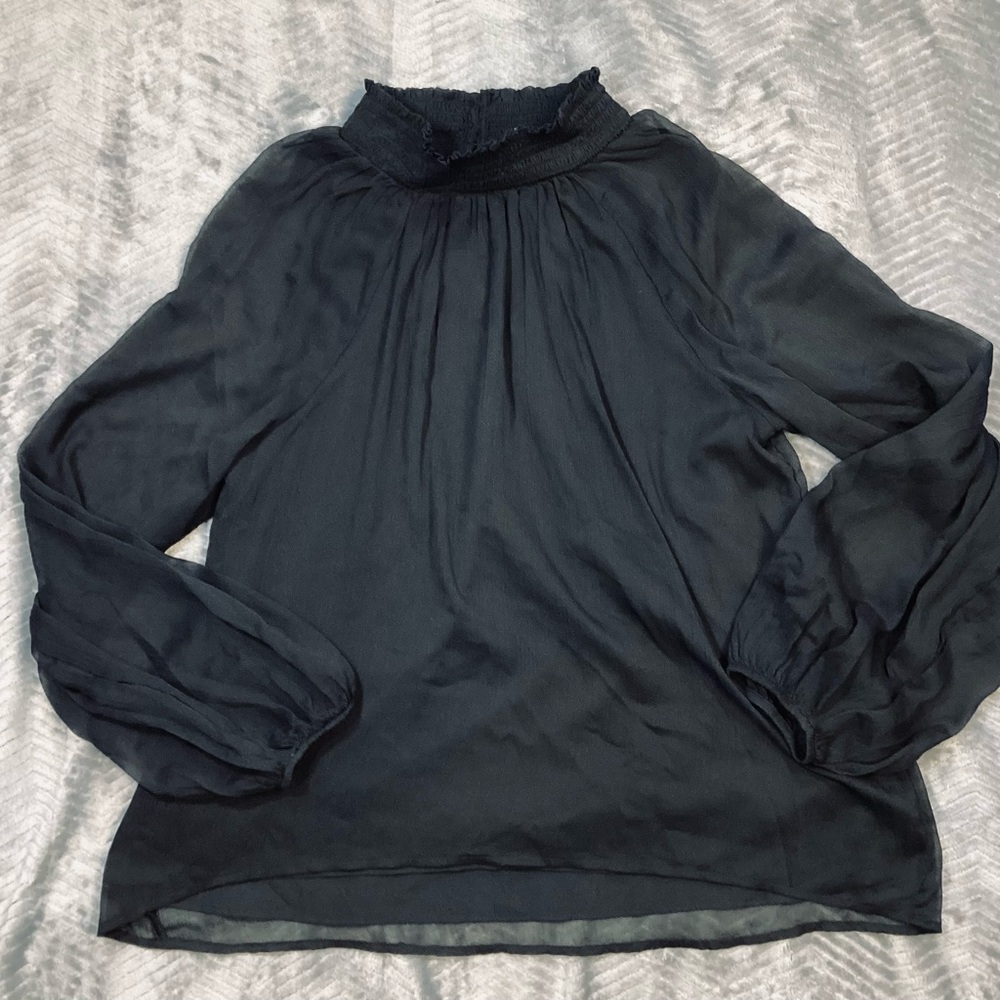 Joie Smocked High Neckβ Semi Sheer Blouse Black Medium Whimsigoth